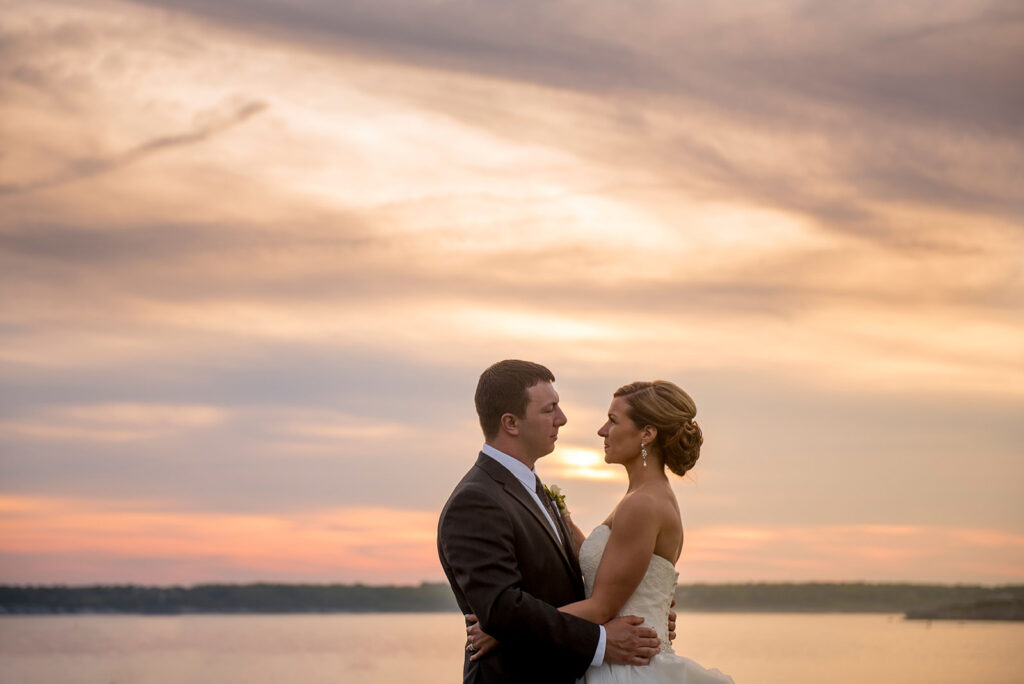 bride and groom wedding photo during sunset at the Oceancliff in Newport
