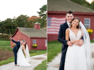 Bride and Groom happy formal photos in front of red barn