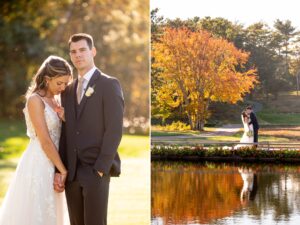 fall wedding formals with reflection in pond