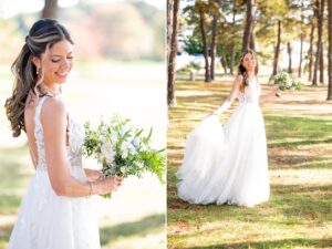 Bridal portraits of bride outside playing with her dress 