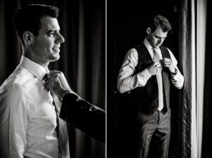 Black and White photos of groom getting ready at willowbend country club