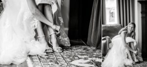 Bride putting on her wedding shoes 