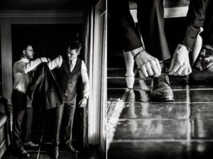 Groom tying his shoes 