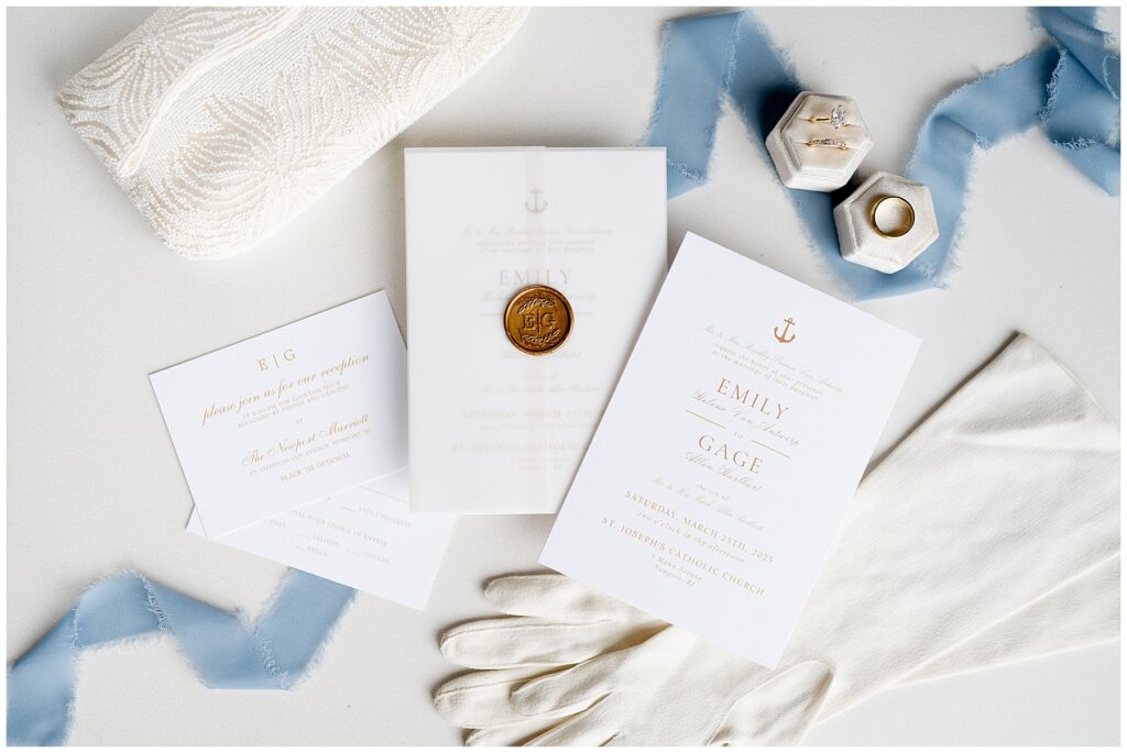 wedding invite and other classy white bridal details