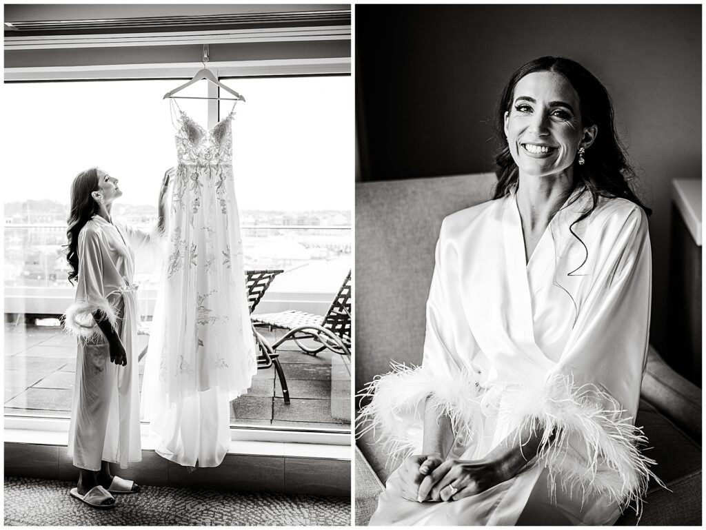 black and white photo of bride looking at her wedding dress at the Newport Marriott Hotel