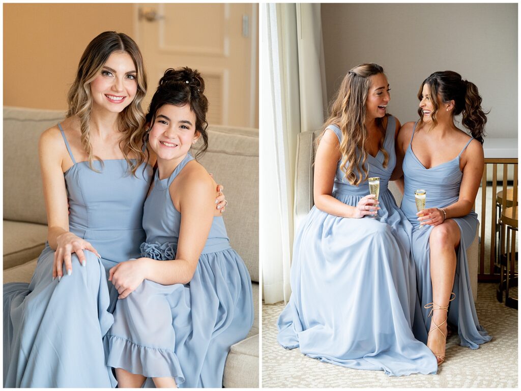 bridesmaids smiling and drinking champagne before Newport Marriott Hotel Wedding