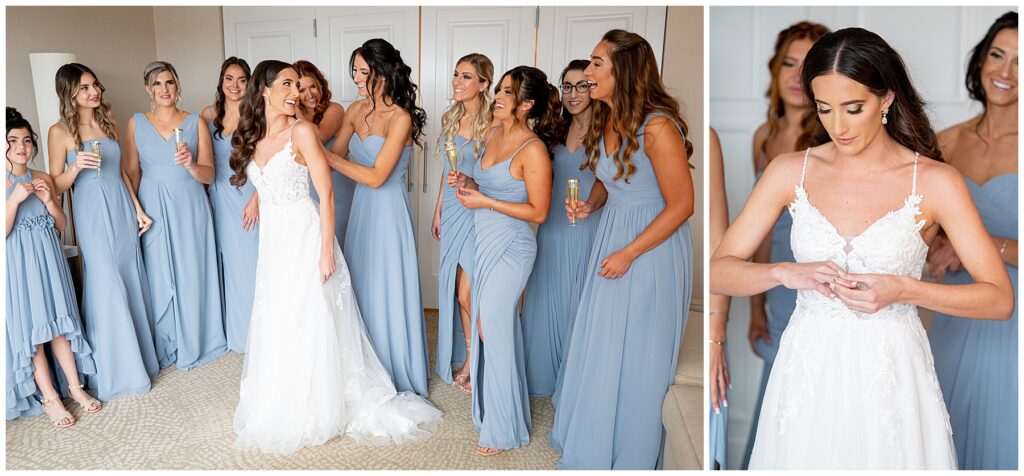 bridesmaids help the bride button up her dress 