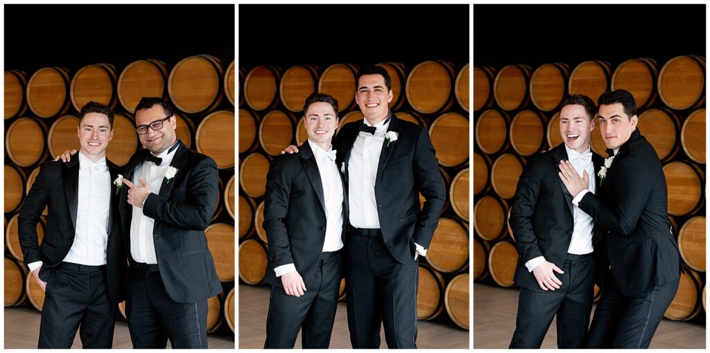 groomsmen take photos with the groom in the Newport Marriott Hotel
