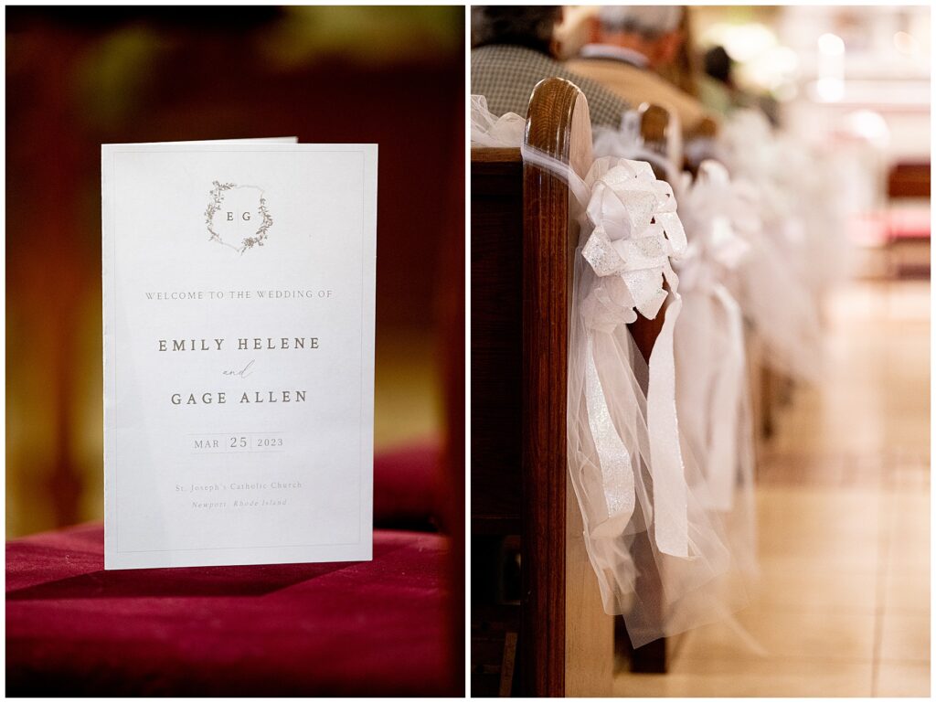 a wedding program with the ceremony details sits on a church pew 