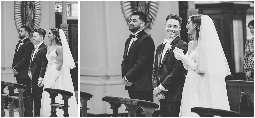 black and white photos of the bride and groom at the St. Josephs Catholic Church