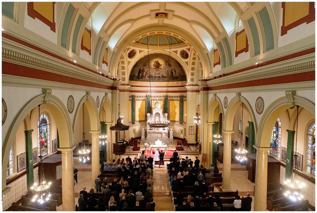 an aerial photo of wedding ceremony at the St. Josephs Catholic Church