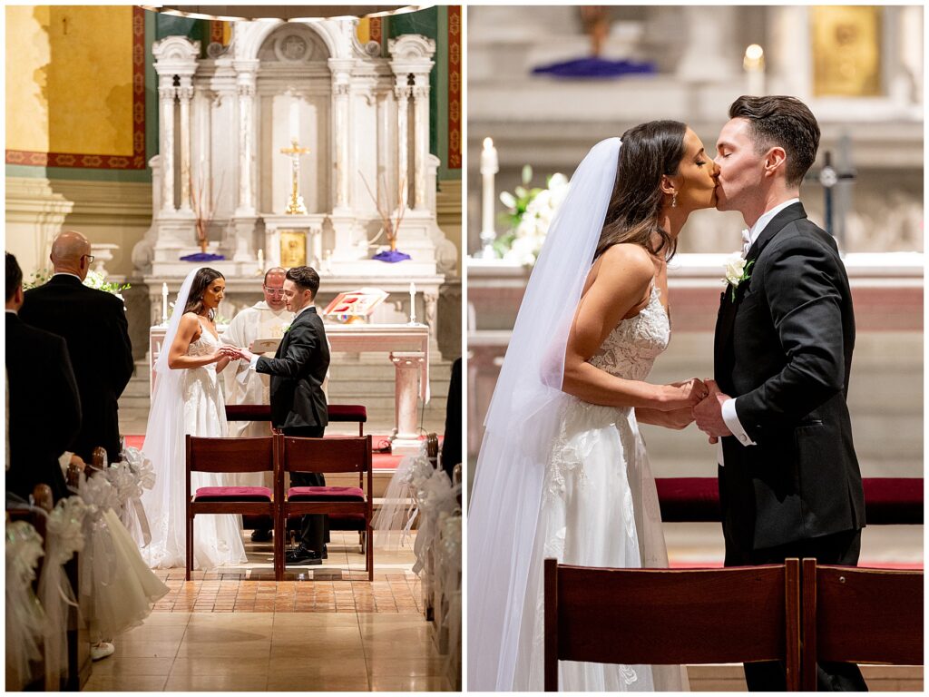 the bridge and groom exchange rings and kiss at their catholic church wedding ceremony
