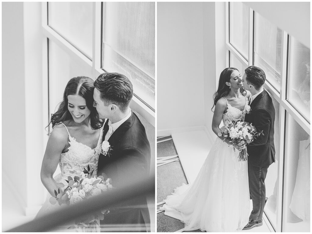 black and white photo of the bride and groom smiling