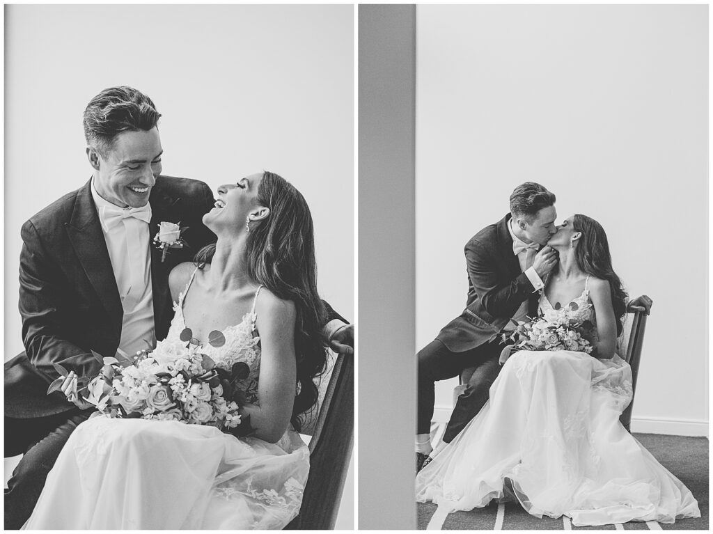 Black and White photos of bride and groom laughing on wedding day