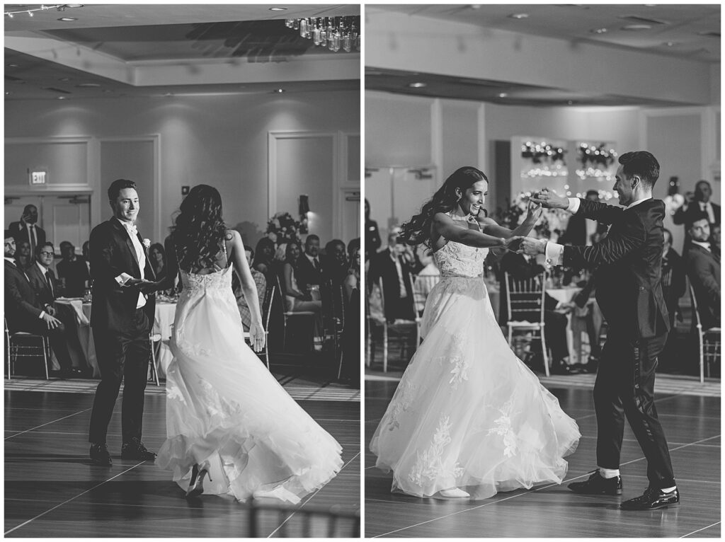 bride and groom have their first dance at the Newport Marriott Hotel