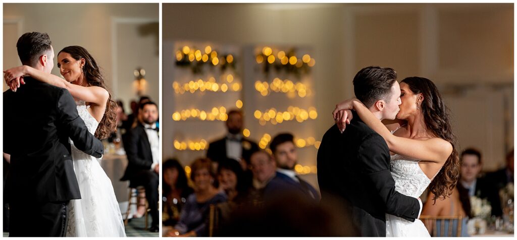 bride and groom kiss on the dance floor after their first dance