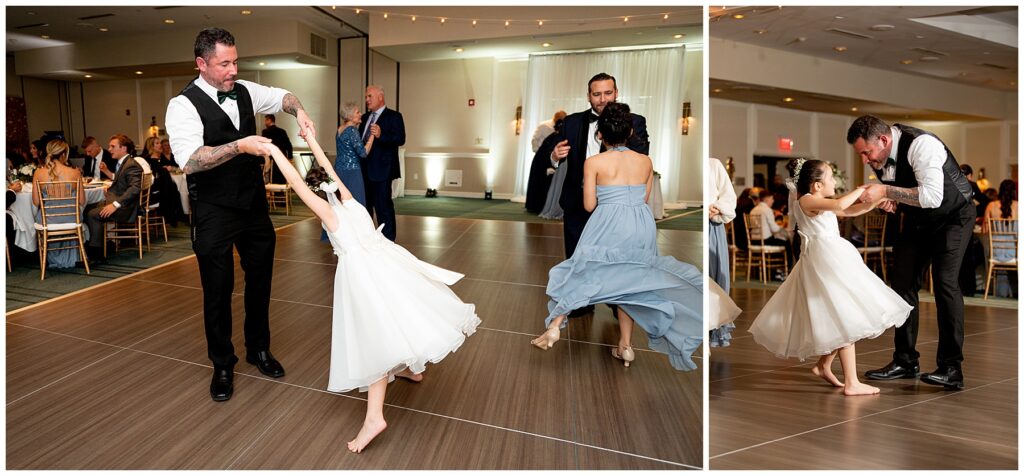 guests dance and twirl on the dance floor during the wedding reception in the newport, RI ballroom
