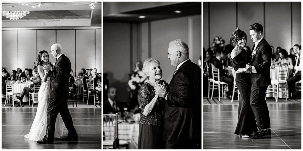 bride dancing with her father, groom dancing with his mother, and grandparents of the couple dancing together 