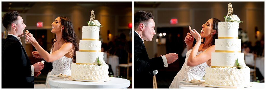 Bride and Groom cutting and eating their wedding cake at the Newport Marriott Hotel Wedding 