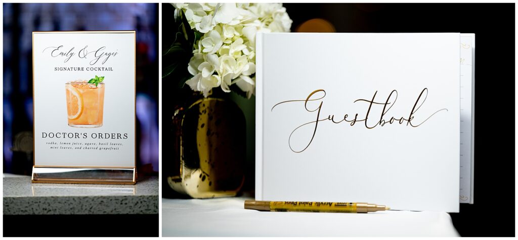 the signature cocktails sign and guestbook on display at the Newport Marriott Hotel Wedding 