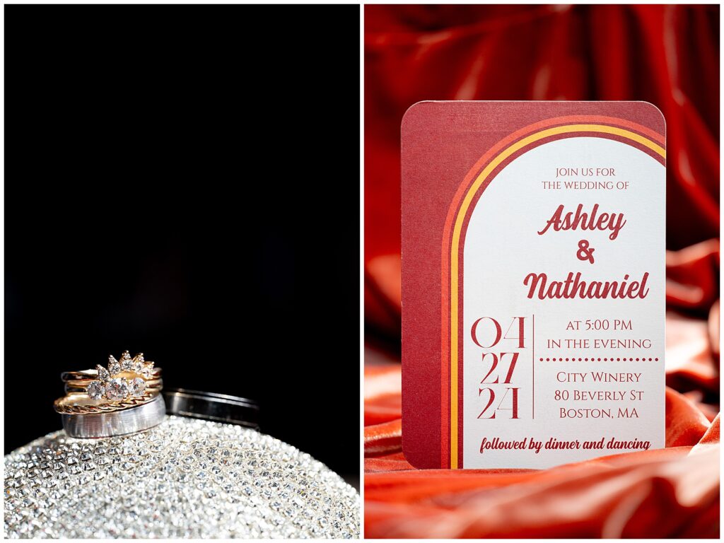 wedding rings stacked on disco ball and red wedding invitation