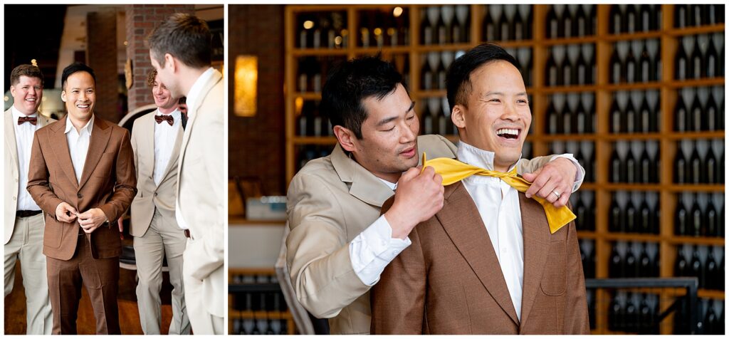 groomsmen and groom smiling at camera as groom puts on yellow bowtie