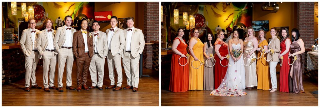 groomsmen stand with groom and bridesmaids stand with bride at the boston winery 