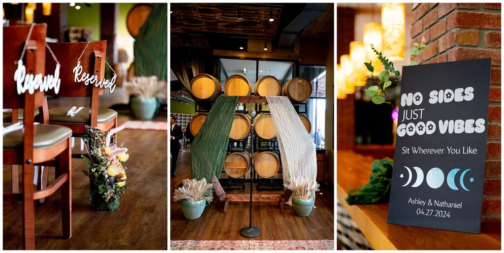 photos of retro wedding ceremony space with wine barrels 