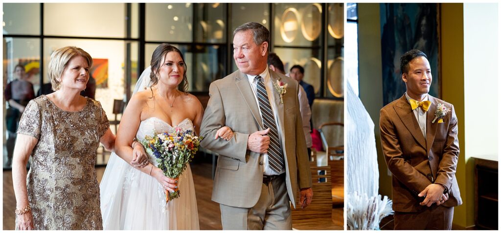 bride walks down the aisle with her parents on either side as groom looks on