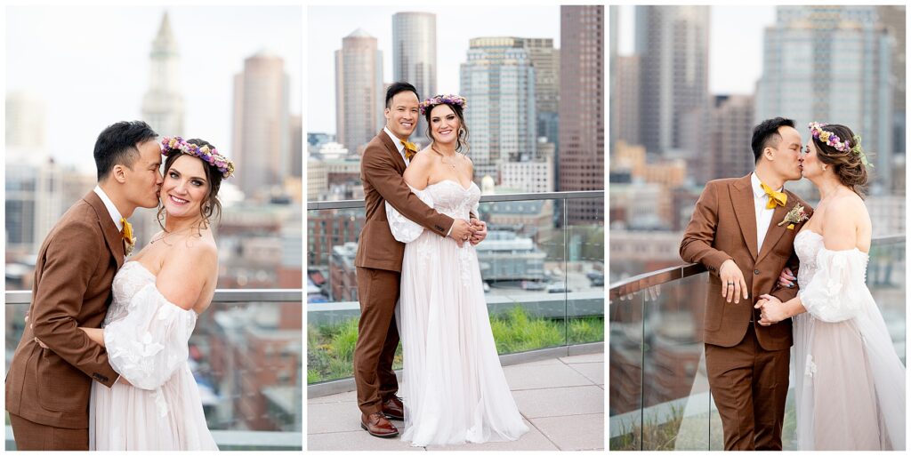 a series of three photos of the bride and groom kissing and smiling on the rooftop 