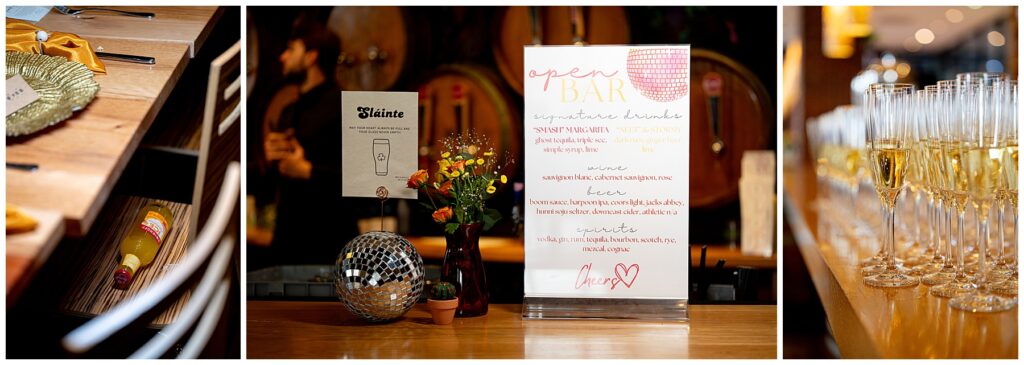 photo of reception decor and bar signage and glasses of champagne 