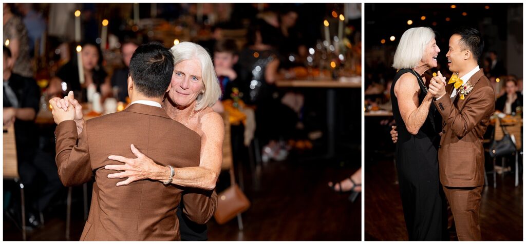 groom in brown suit dances with his mother in a black dress
