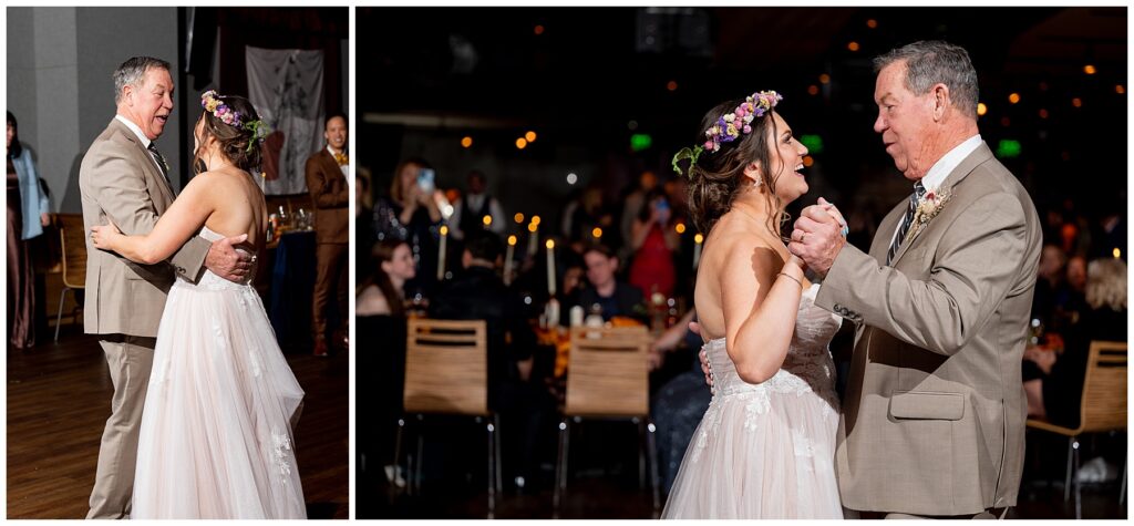 bride in her retro wedding dress and flower crown dances with her father in a tan suit 