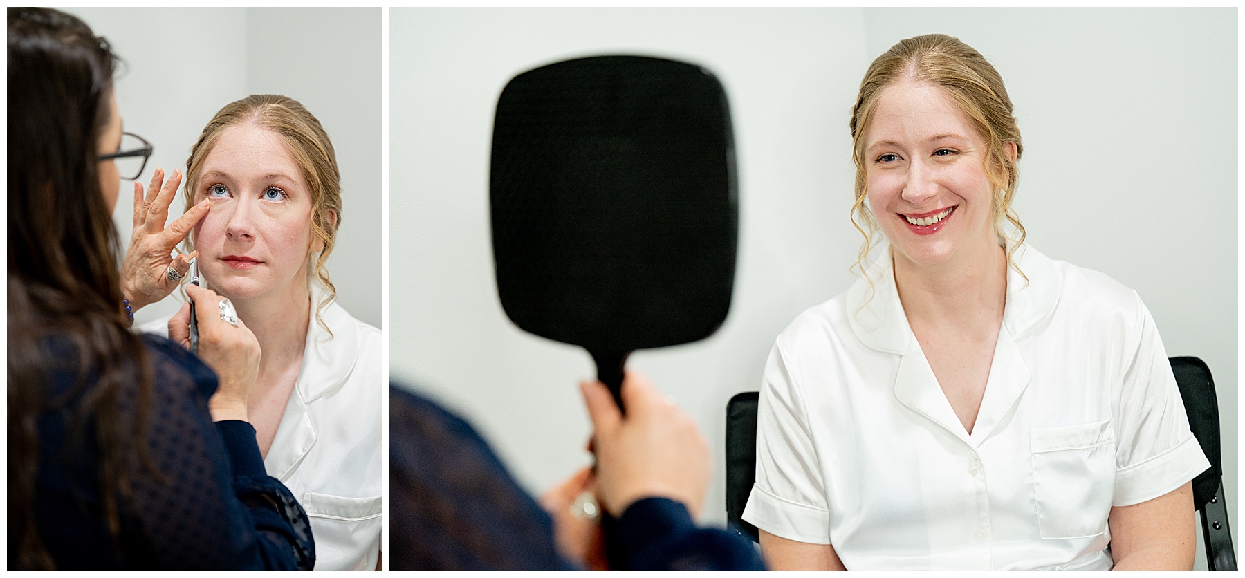 a makeup artist puts eye makeup on the bride and then holds up a mirror for her to see and smile