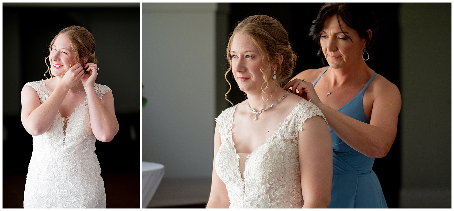 the bride fixes her earrings and smiles and her mother helps her put on a necklace