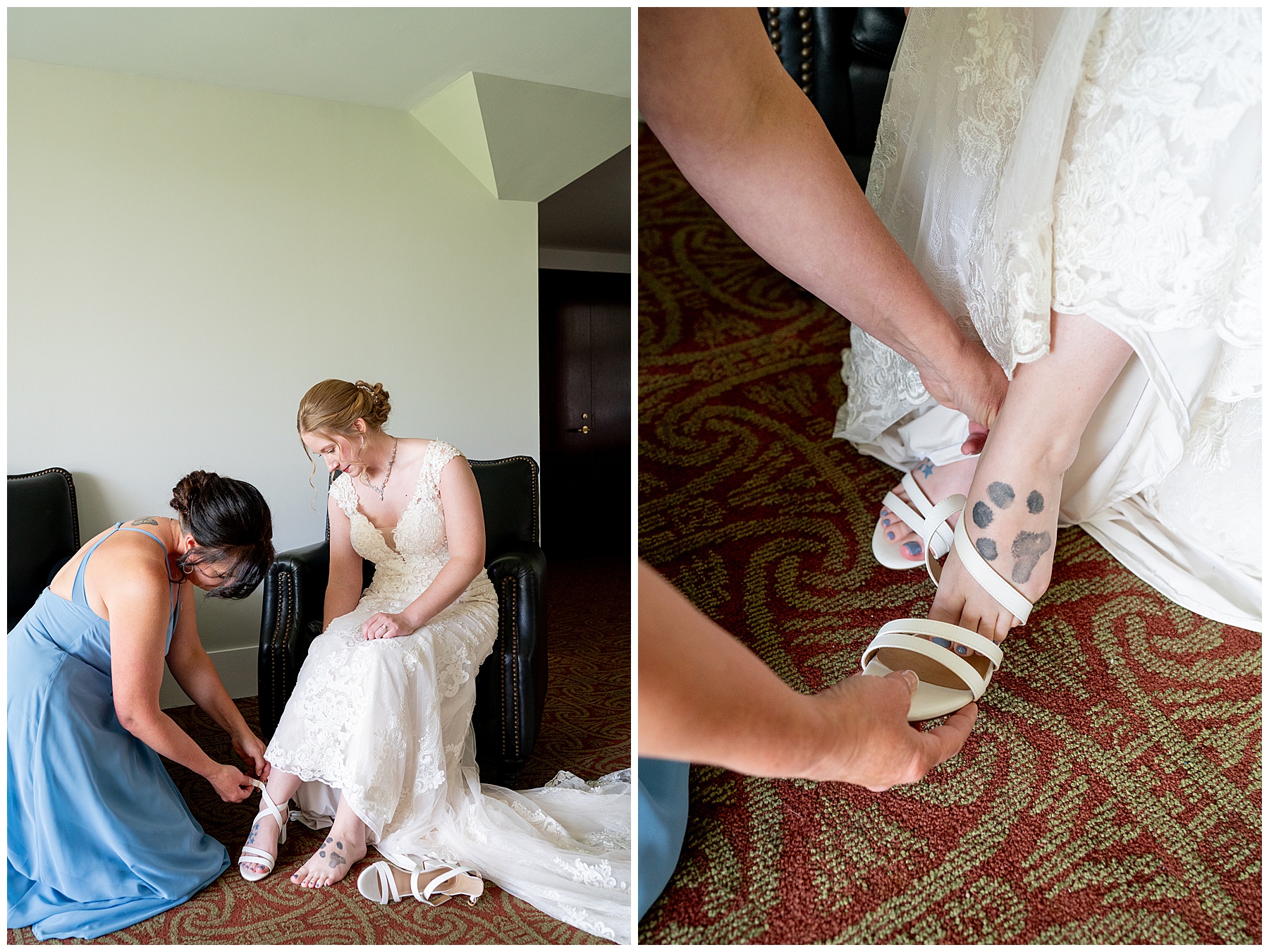 a bridesmaid kneels down in a light blue dress to help the bride put her shoes on. The bride has a dog paw print tattoo on her foot