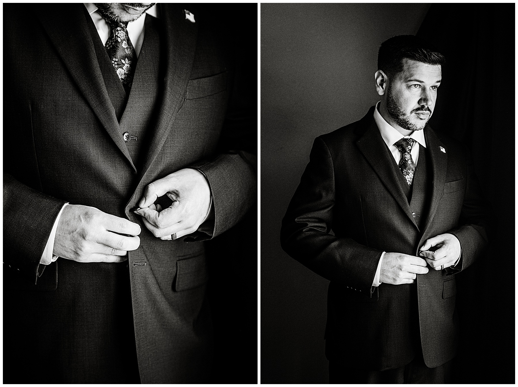 a black and white photo of the groom buttoning his suit jacket