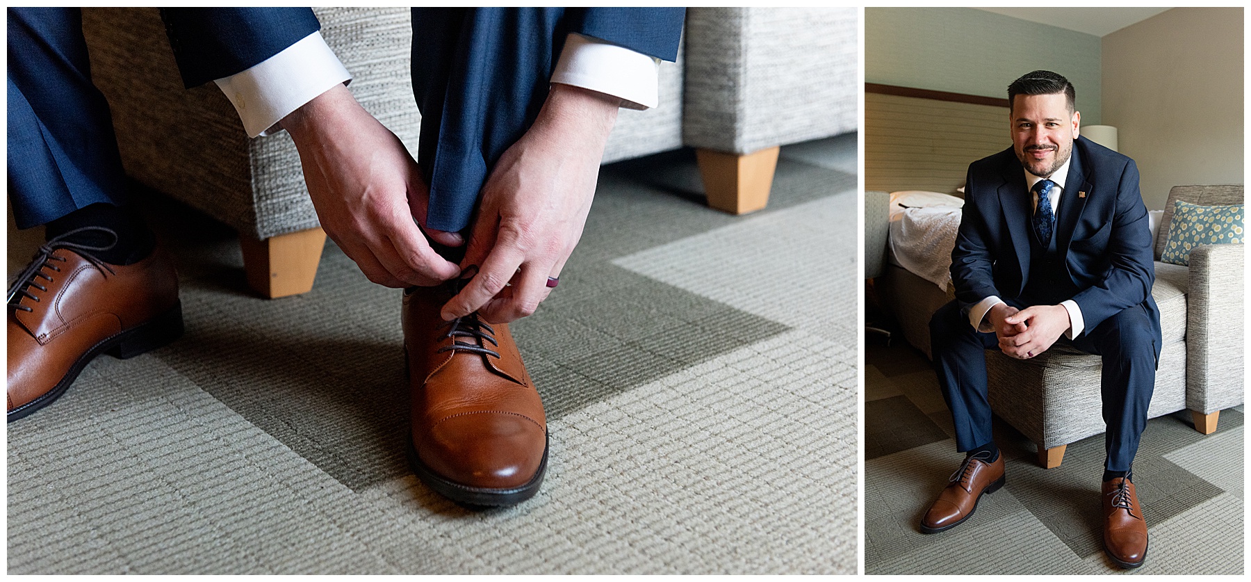 the groom ties his brown leather shoe and sits on the couch while he smiles at the camera