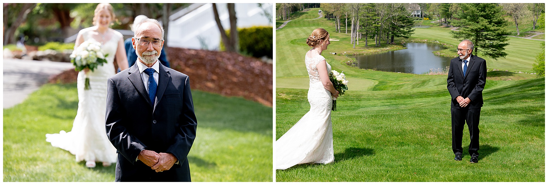 the bride approaches her father from behind for the first look and he turns around to see her 