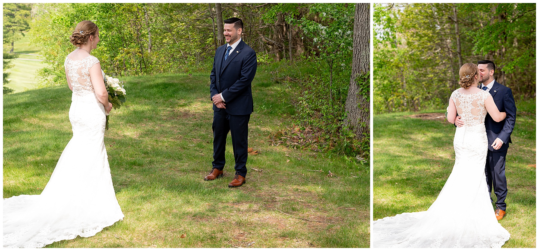 bride and groom smiling and kissing after their first look outside in a sunny grass field