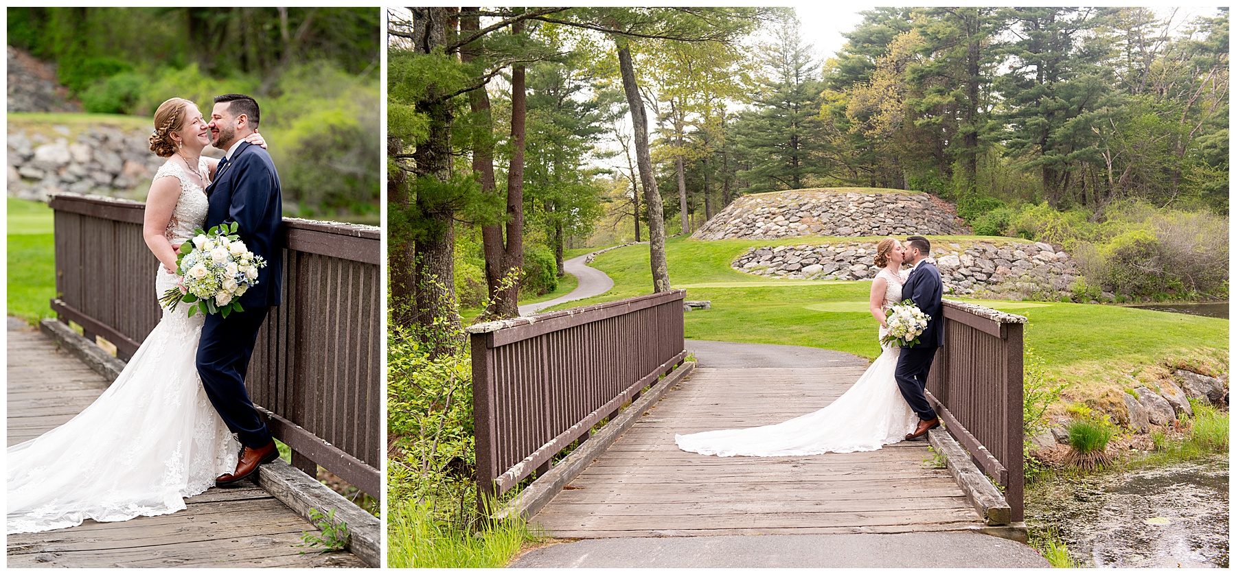 bride and groom embrace while standing on a brown bridge in front of a golf course