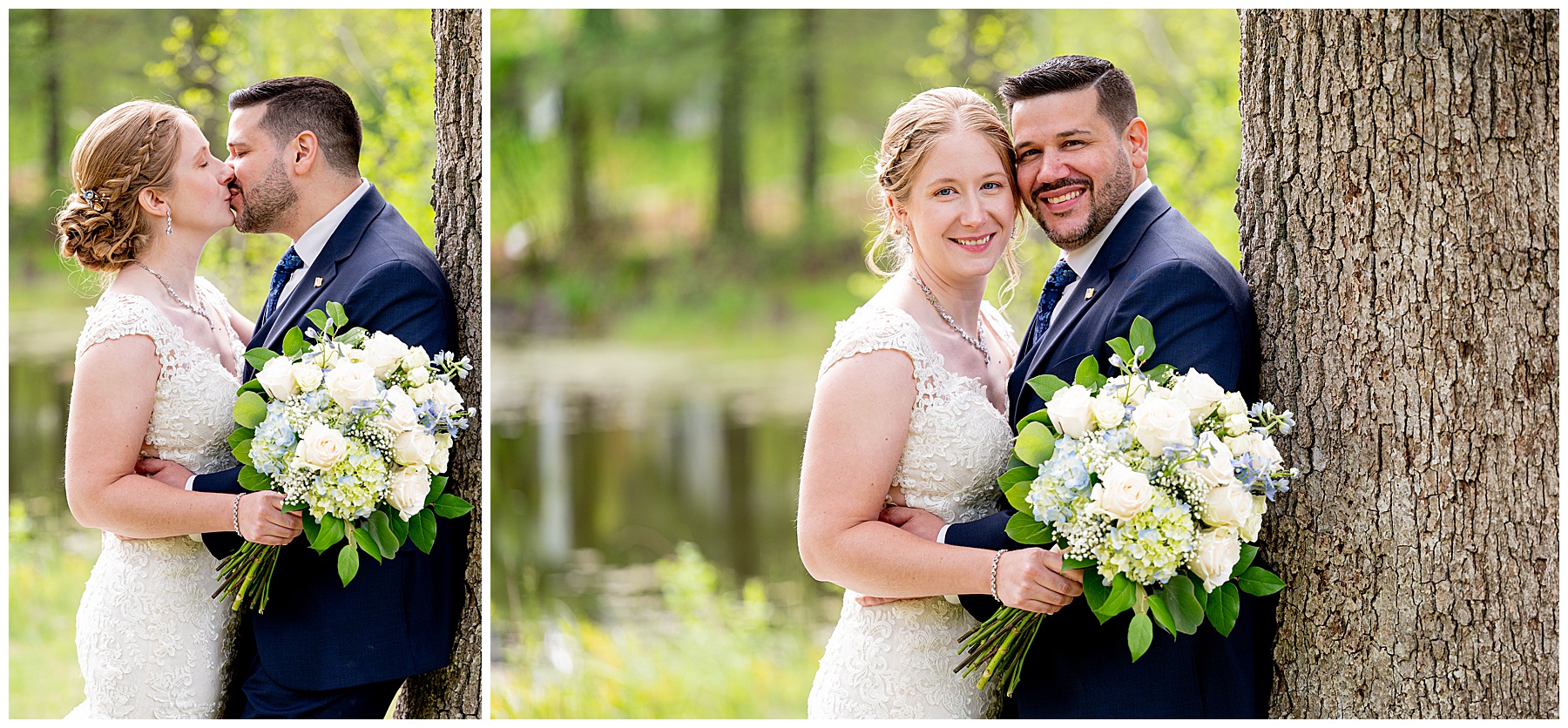 bride and groom kiss and smile as they lean against a tree 