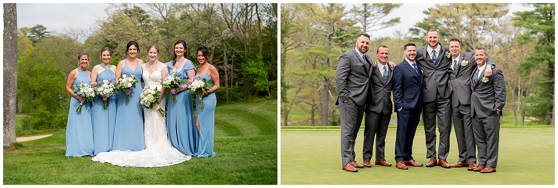 bridesmaids stand in a group wearing light blue dresses and groomsmen stand ina group wearing grey suits