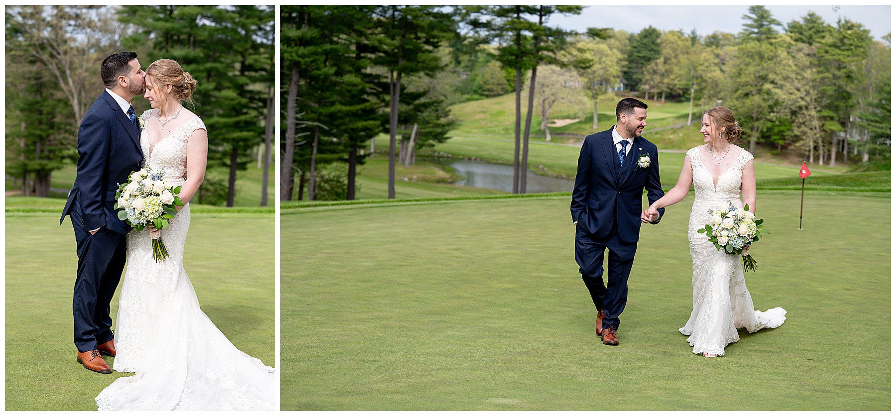 bride and groom walk across the golf course holding hands 