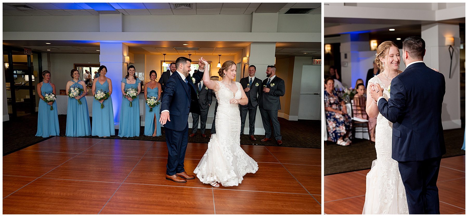 a photo of the bride & groom during their first dance as wedding party looks on 