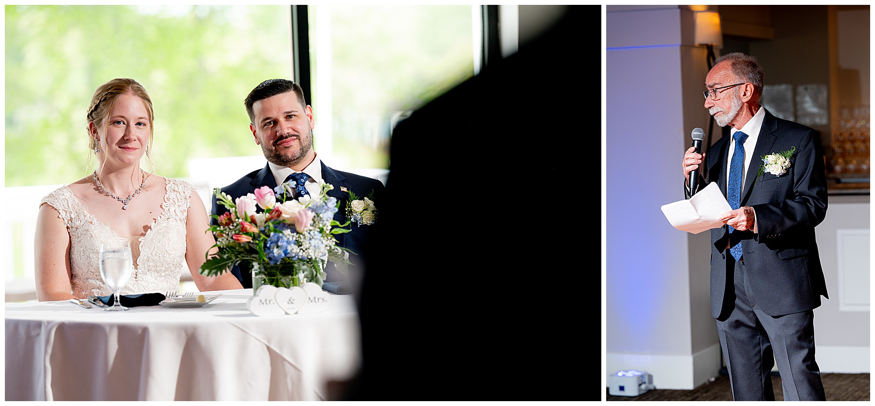 a photo of the bride & groom listening to the father of the bride giving his toast