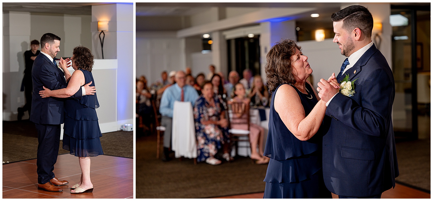 the groom and his mother in a navy blue dress dance as guests look on 