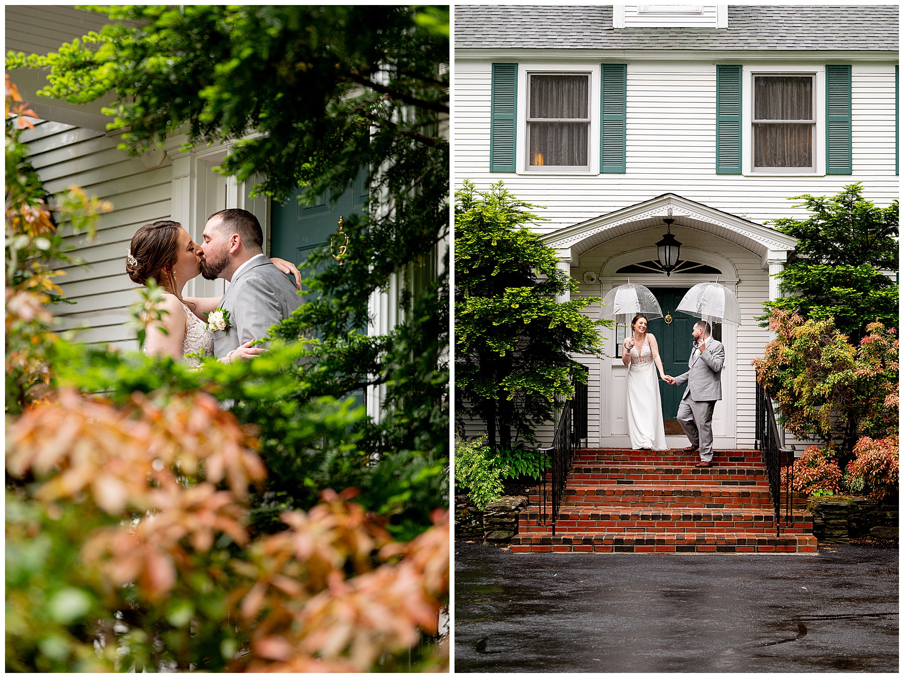 Bride and Groom walking down the stairs in front of the Chocksett Inn on their wedding day 