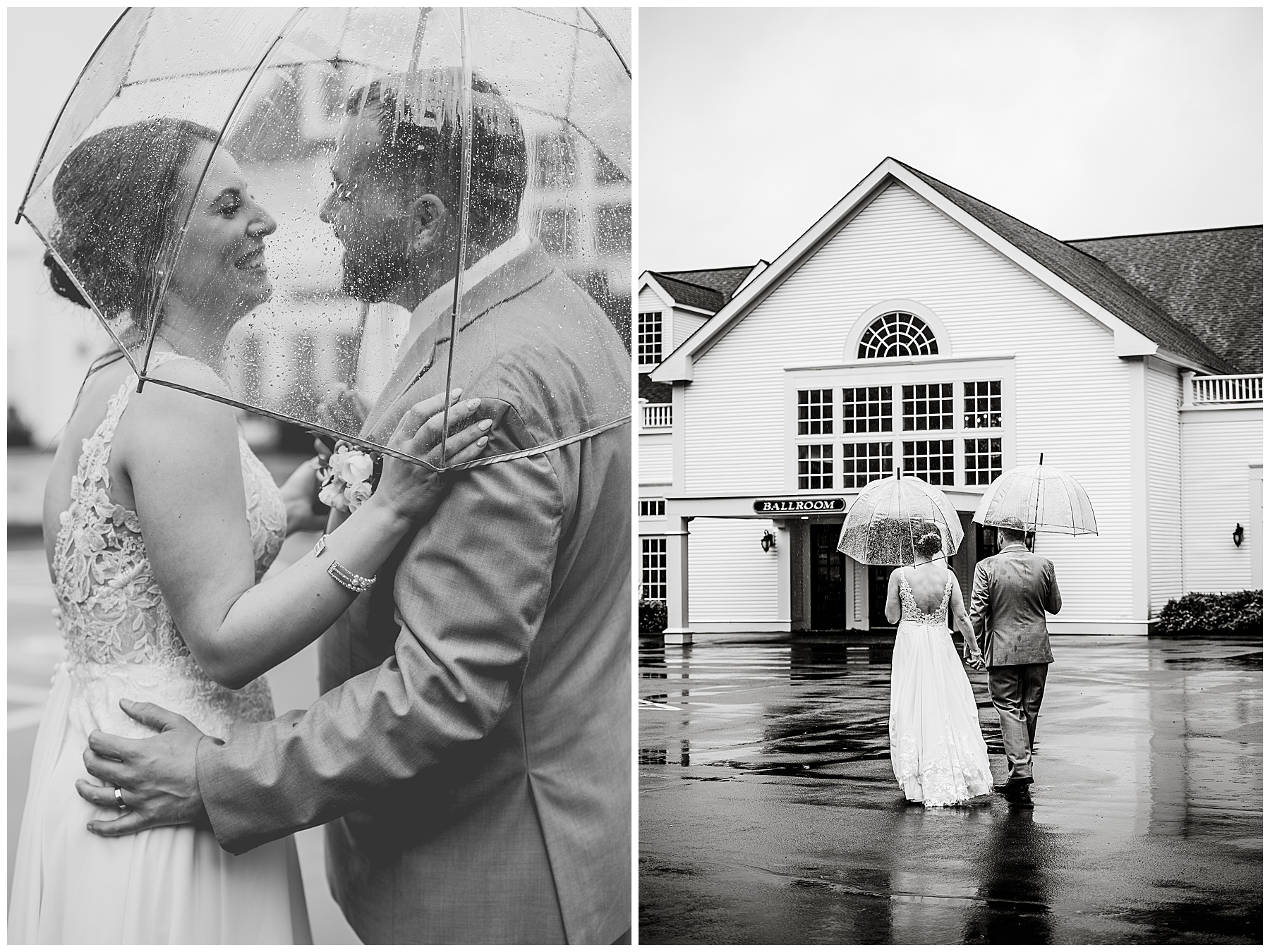 Black and White portrait of bride and groom at the Chocksett Inn on their rainy wedding day 