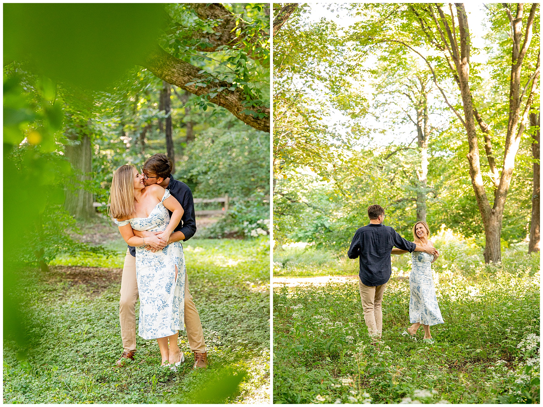 couple kissing and dancing in the middle of the woods